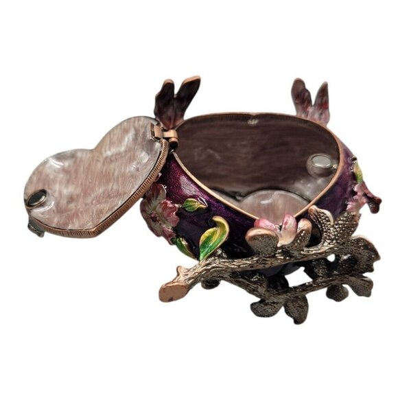 Heart Trinket Box Purple Enamel Pave Rhinestone Acccent Flowers Dragonflies - Picture 16 of 16